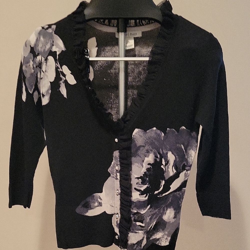 WHBM Floral Black Cardigan with Ruffle Trim